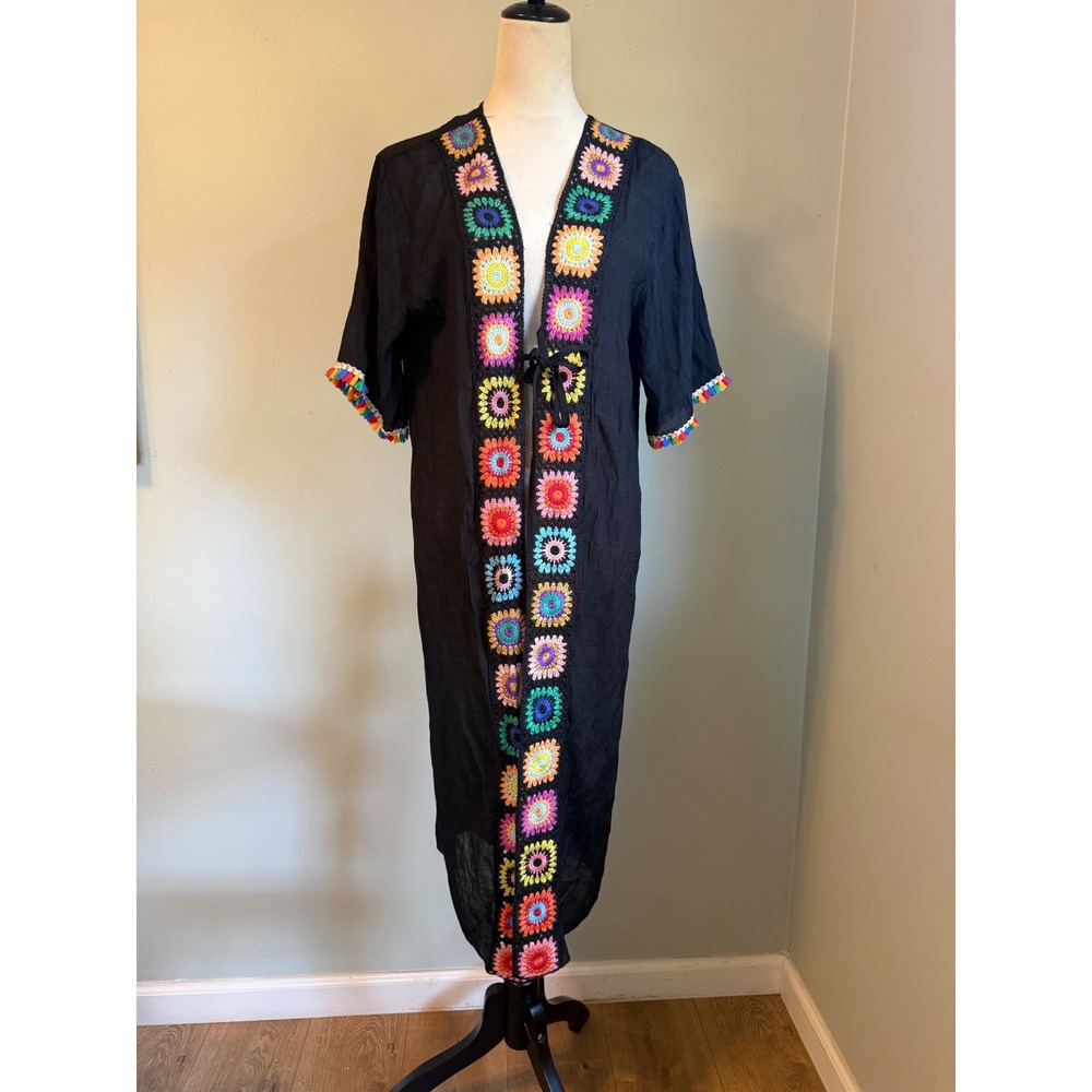 Rebellion Black Crochet Floral Long Kimono CoverUp Tassel Trim S NWT boho beach